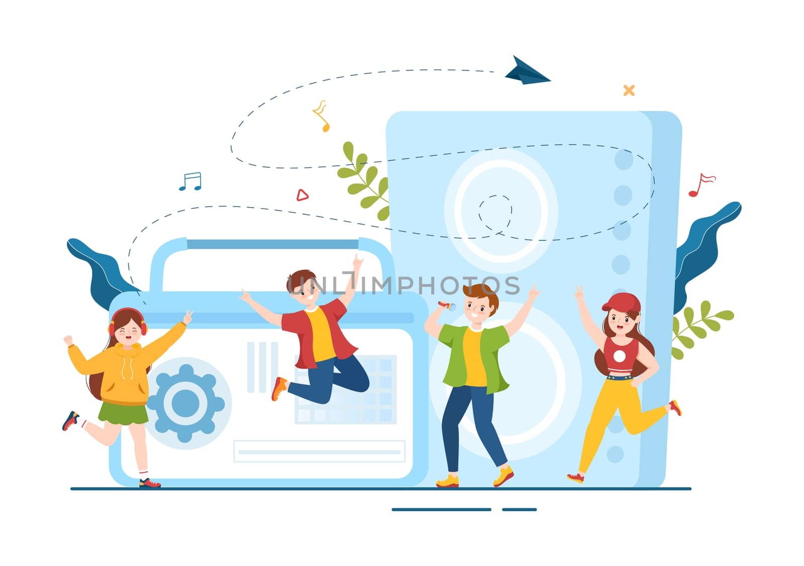 MP3 Player with Headphones, Headset and Phone of Music Listening Devices in Mobile App on Flat Cartoon Hand Drawn Templates Illustration