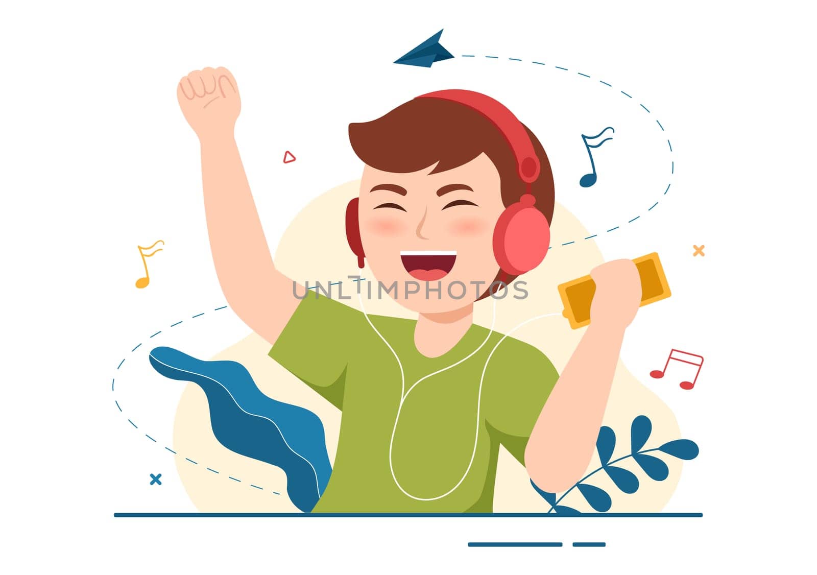 MP3 Player with Headphones, Headset and Phone of Music Listening Devices in Mobile App on Flat Cartoon Hand Drawn Templates Illustration