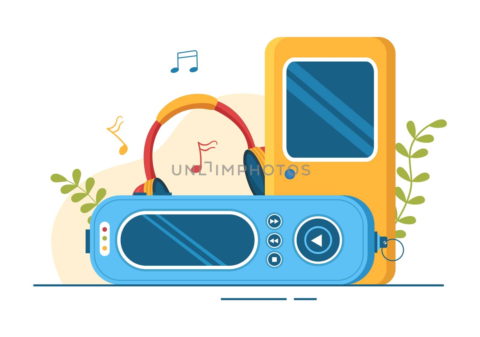 MP3 Player with Headphones, Headset and Phone of Music Listening Devices in Mobile App on Flat Cartoon Hand Drawn Templates Illustration