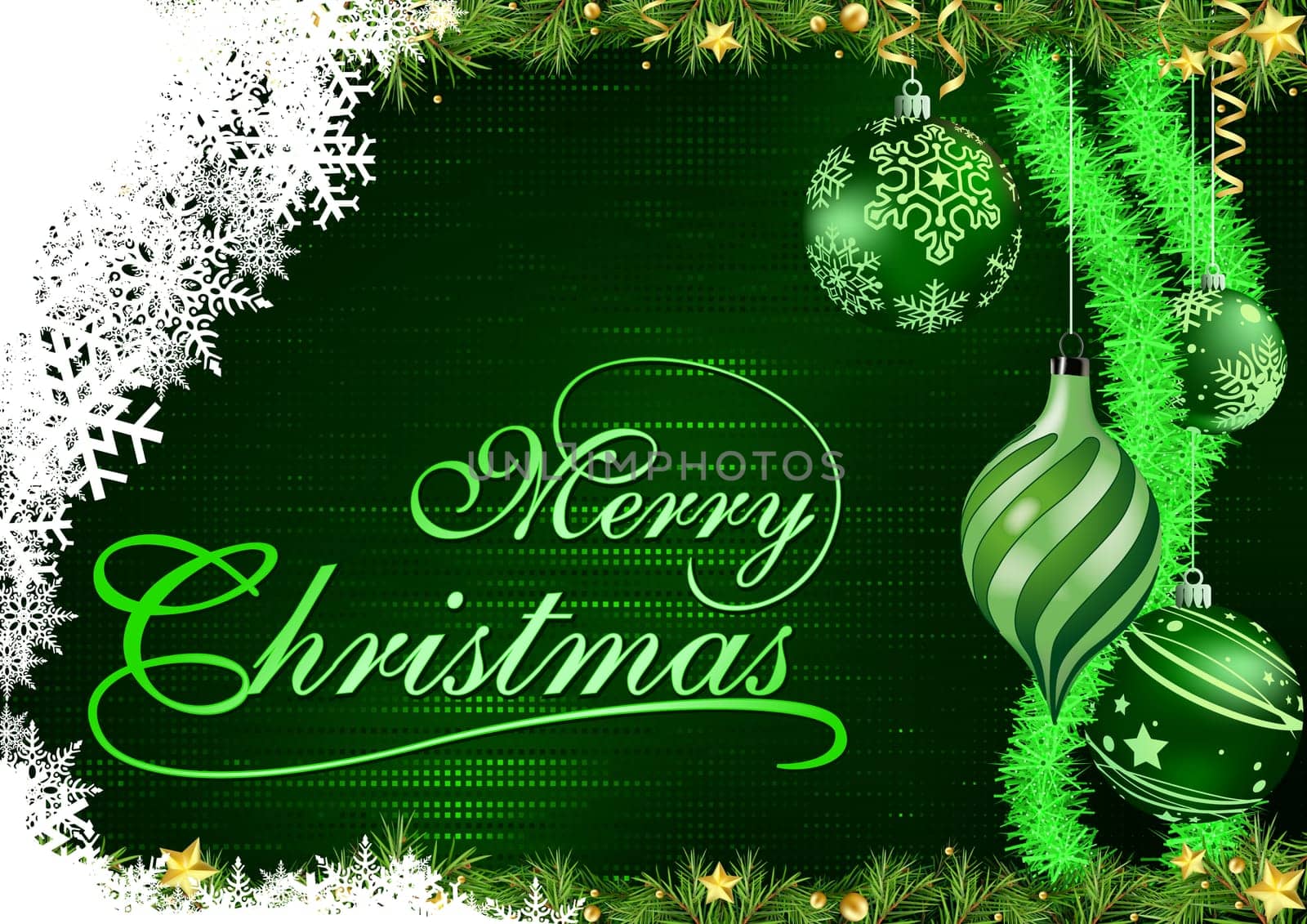 Green Christmas Greeting Card with Christmas Ornaments on Halftone Patterned Background - Abstract Colorful Illustration