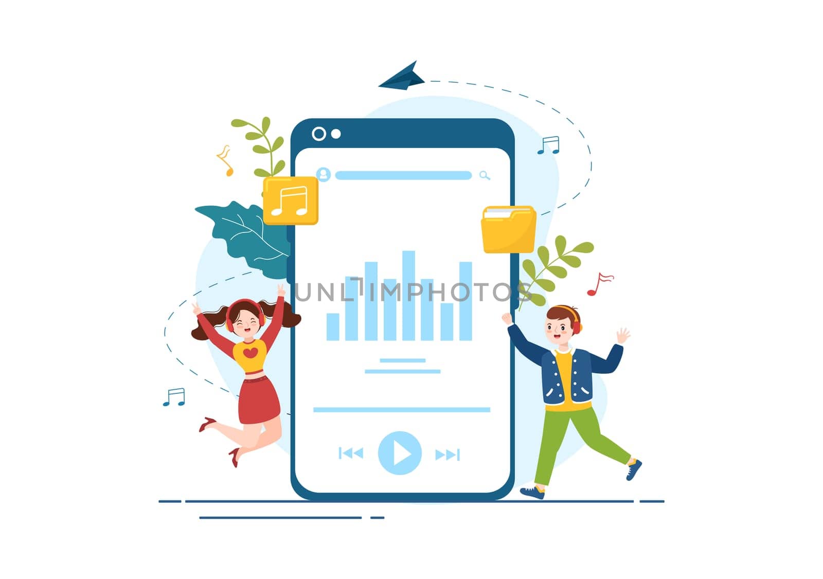 MP3 Player with Headphones, Headset and Phone of Music Listening Devices in Mobile App on Flat Cartoon Hand Drawn Templates Illustration