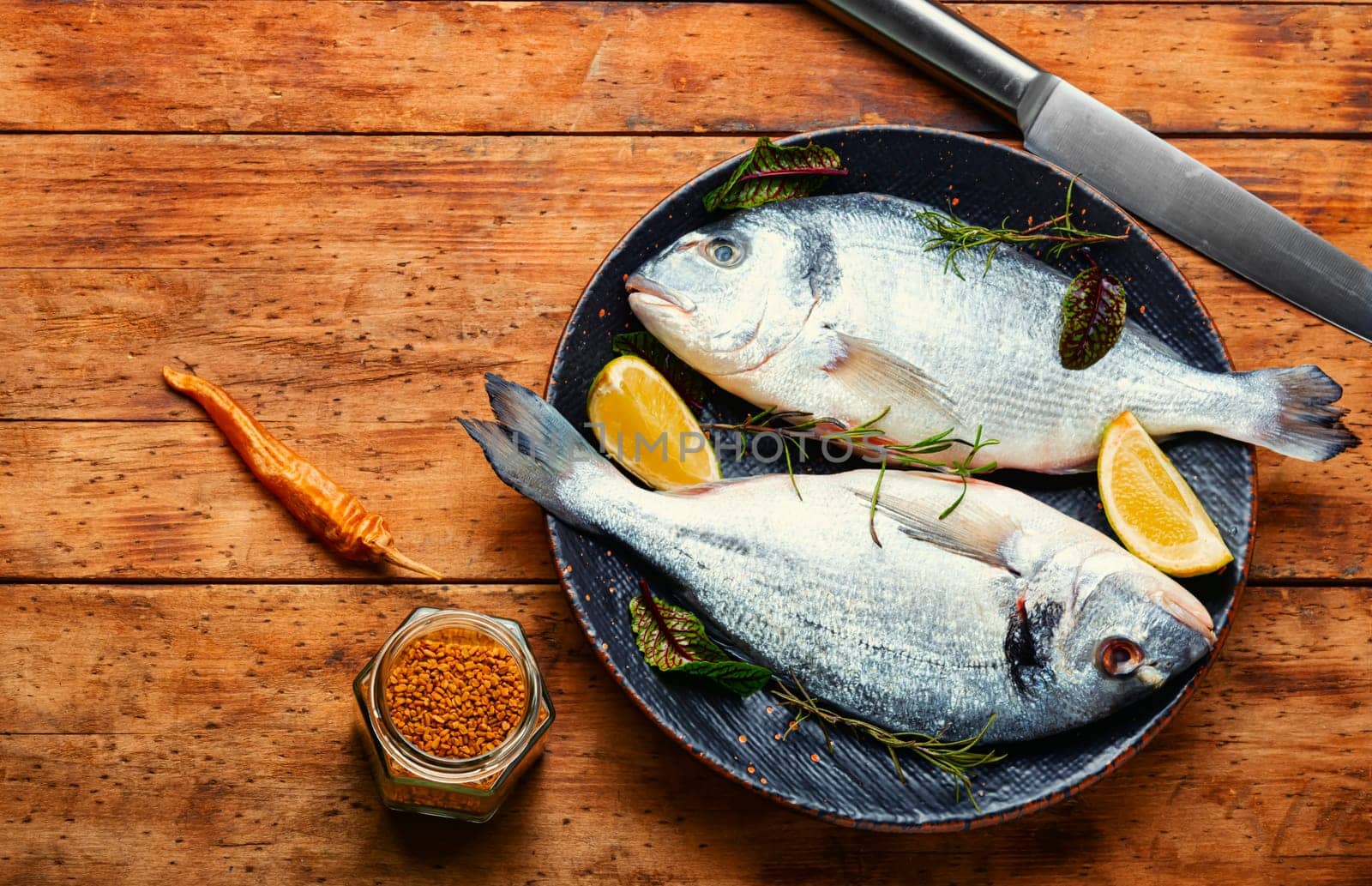 Fresh raw dorado fish for cooking on a plate. Seafood