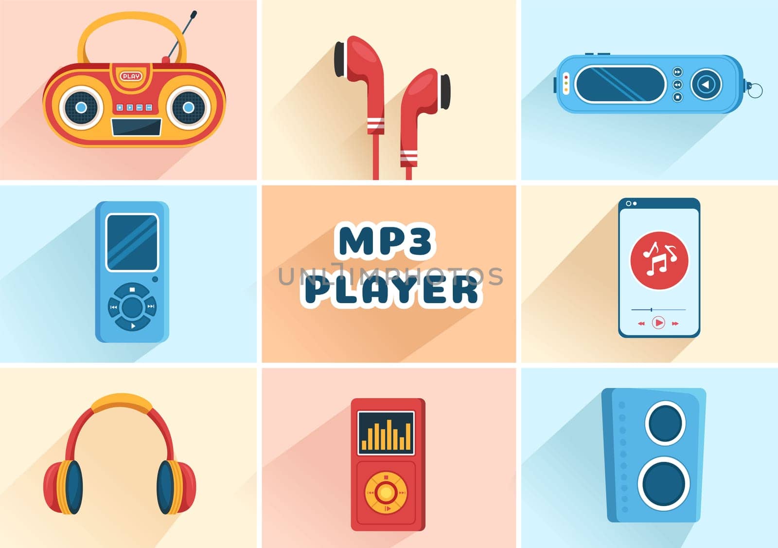 MP3 Player with Headphones, Headset and Phone of Music Listening Devices in Mobile App on Flat Cartoon Hand Drawn Templates Illustration