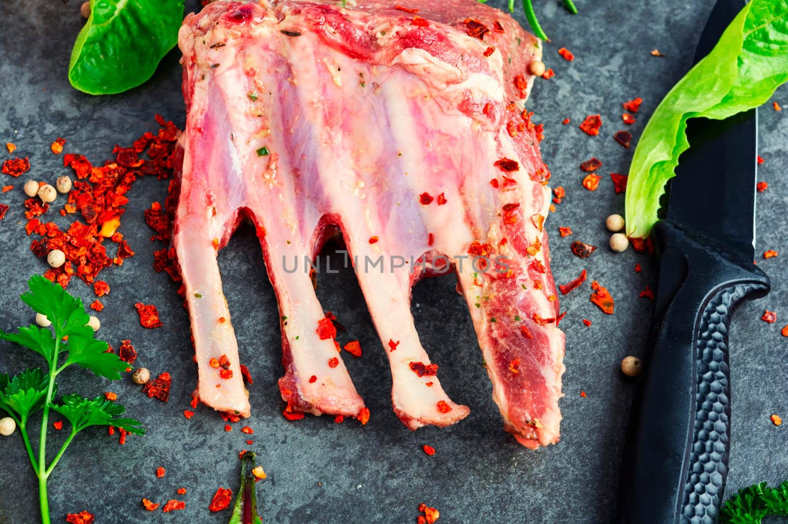 Appetizing raw lamb rib and spices on the kitchen table