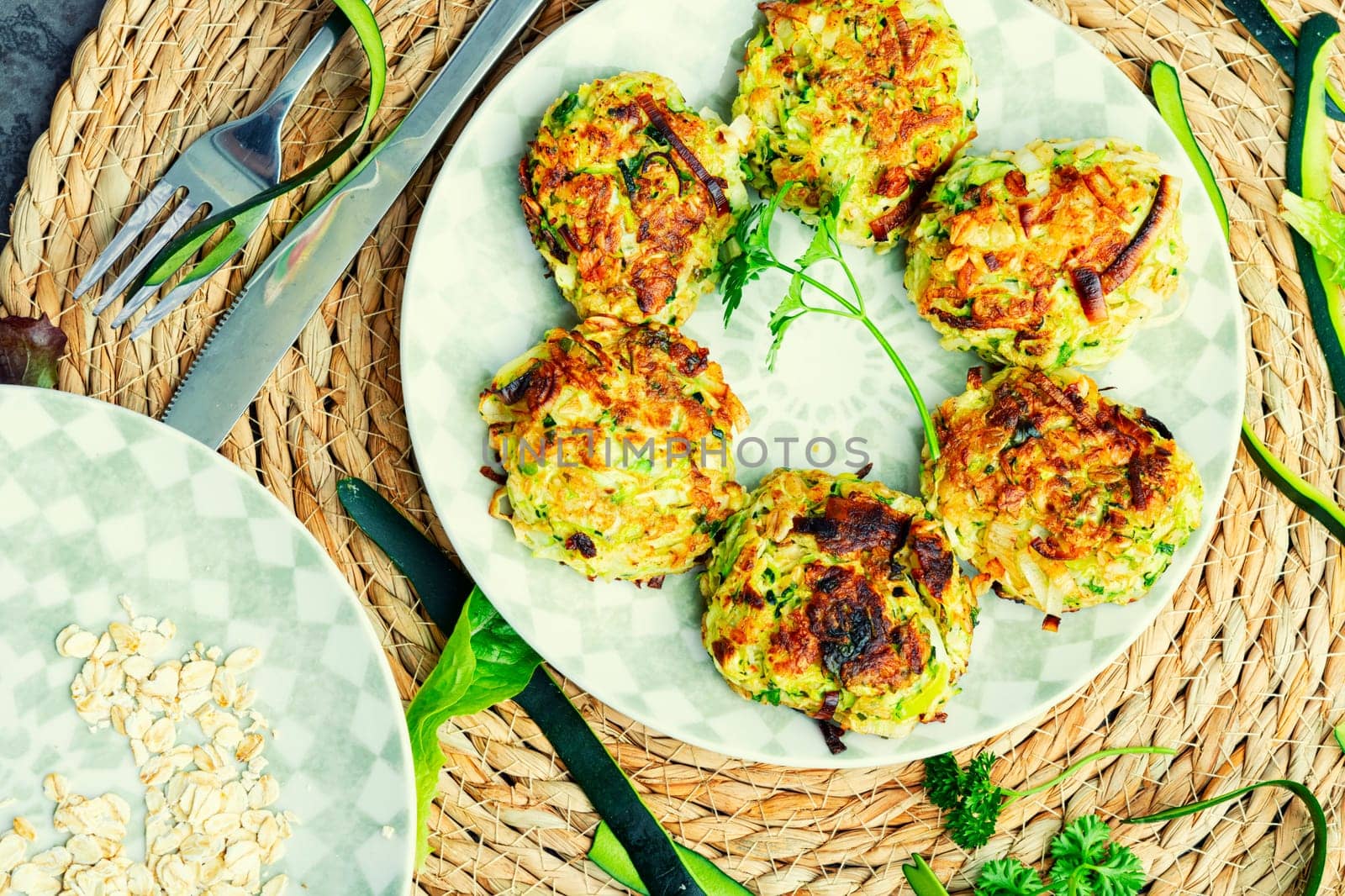 Vegan rissole from zucchini, oatmeal and greens. Healthy food
