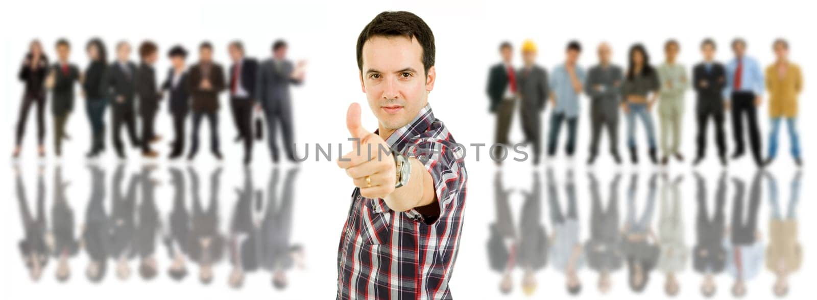 an young man in front of a group of people, isolated