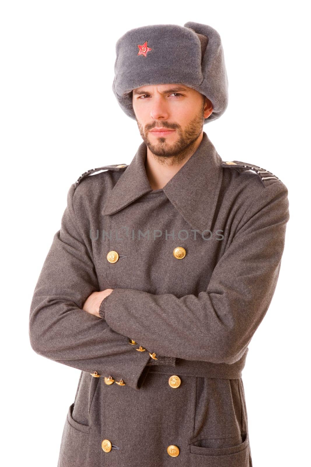 young man dressed as russian military, studio picture