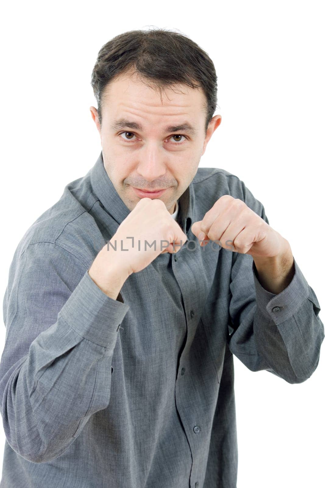 young casual man boxing, isolated on white