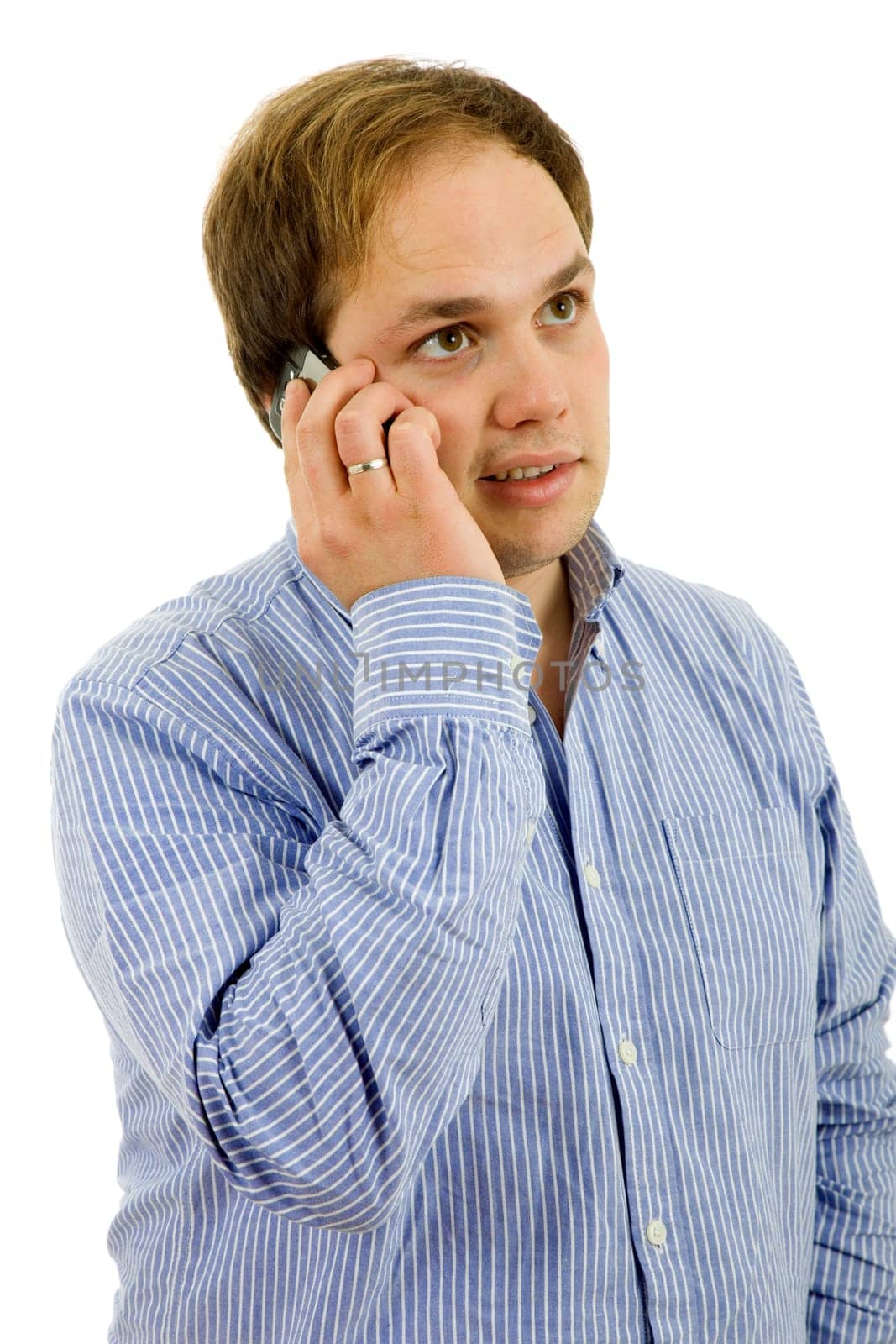 young casual man on the phone, isolated on white
