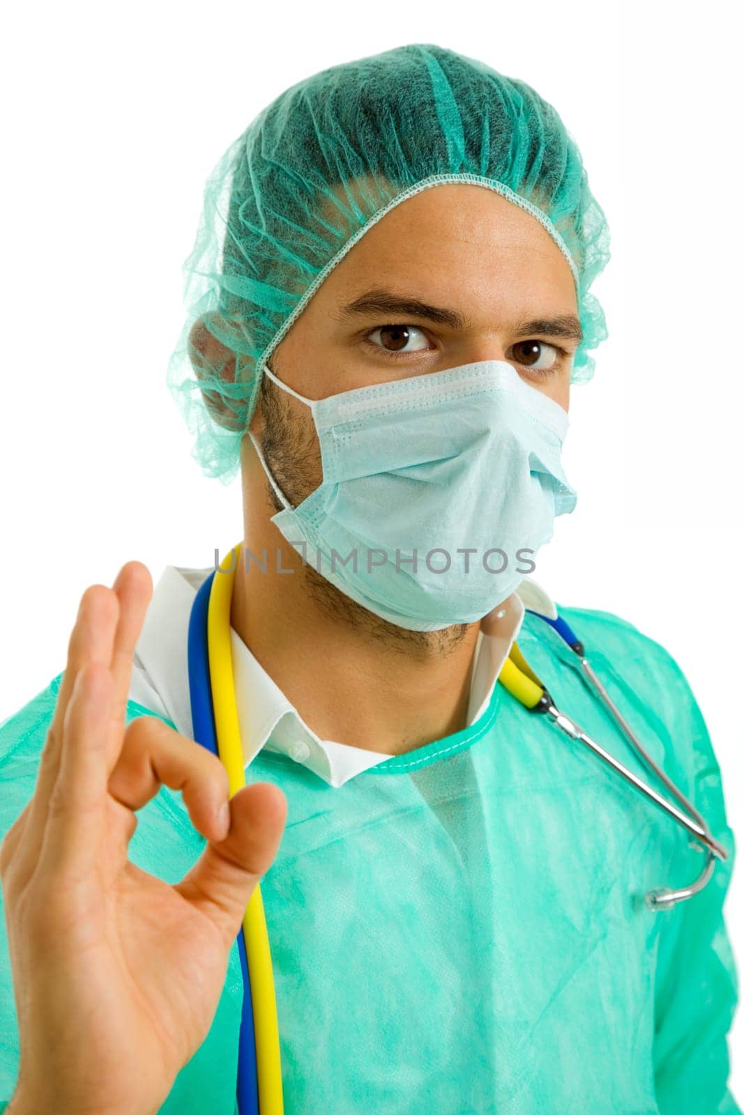 young male doctor, isolated on white background