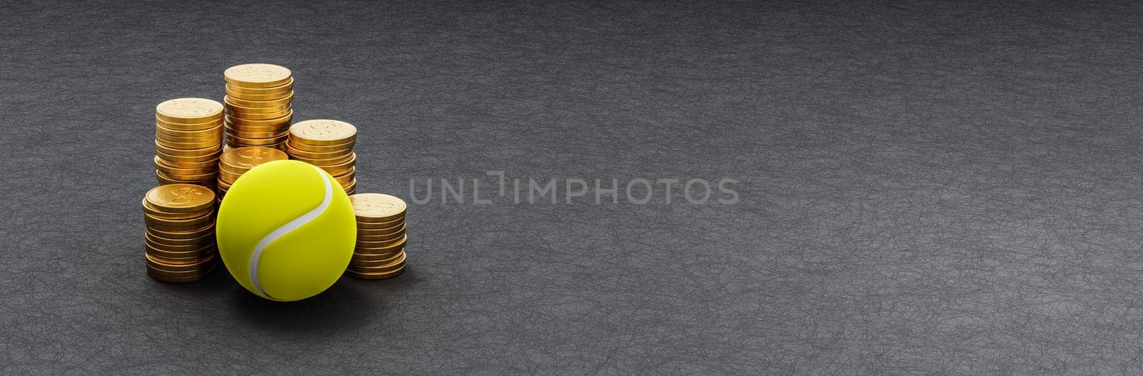 Tennis Ball ahead of Stacks of Golden Coins on Dark Background with Copy Space 3D Render Illustration, Sports Business Concept
