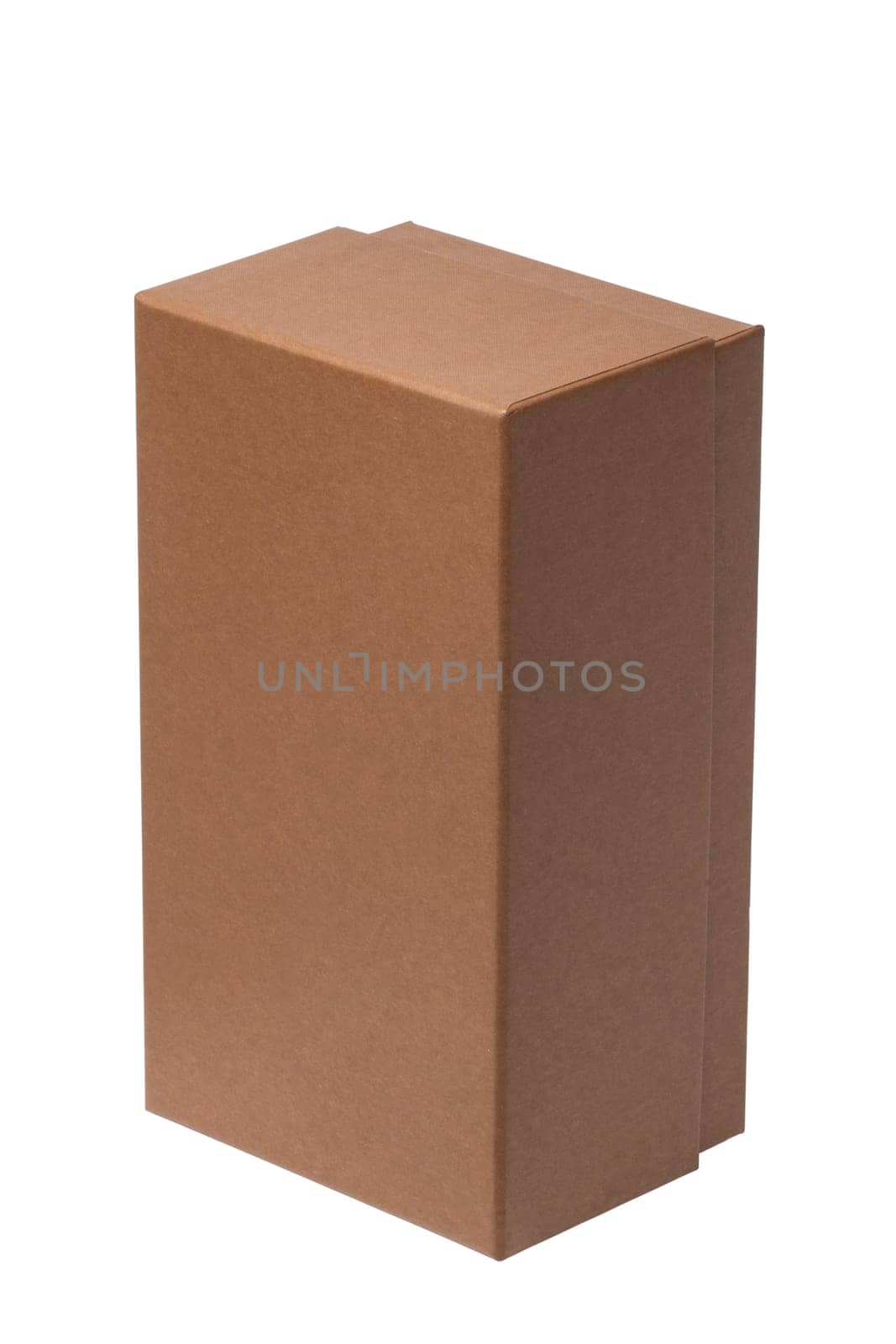 Closed brown cardboard box or kraft paper box with clipping path isolated on white background. Suitable for packaging. Macro.