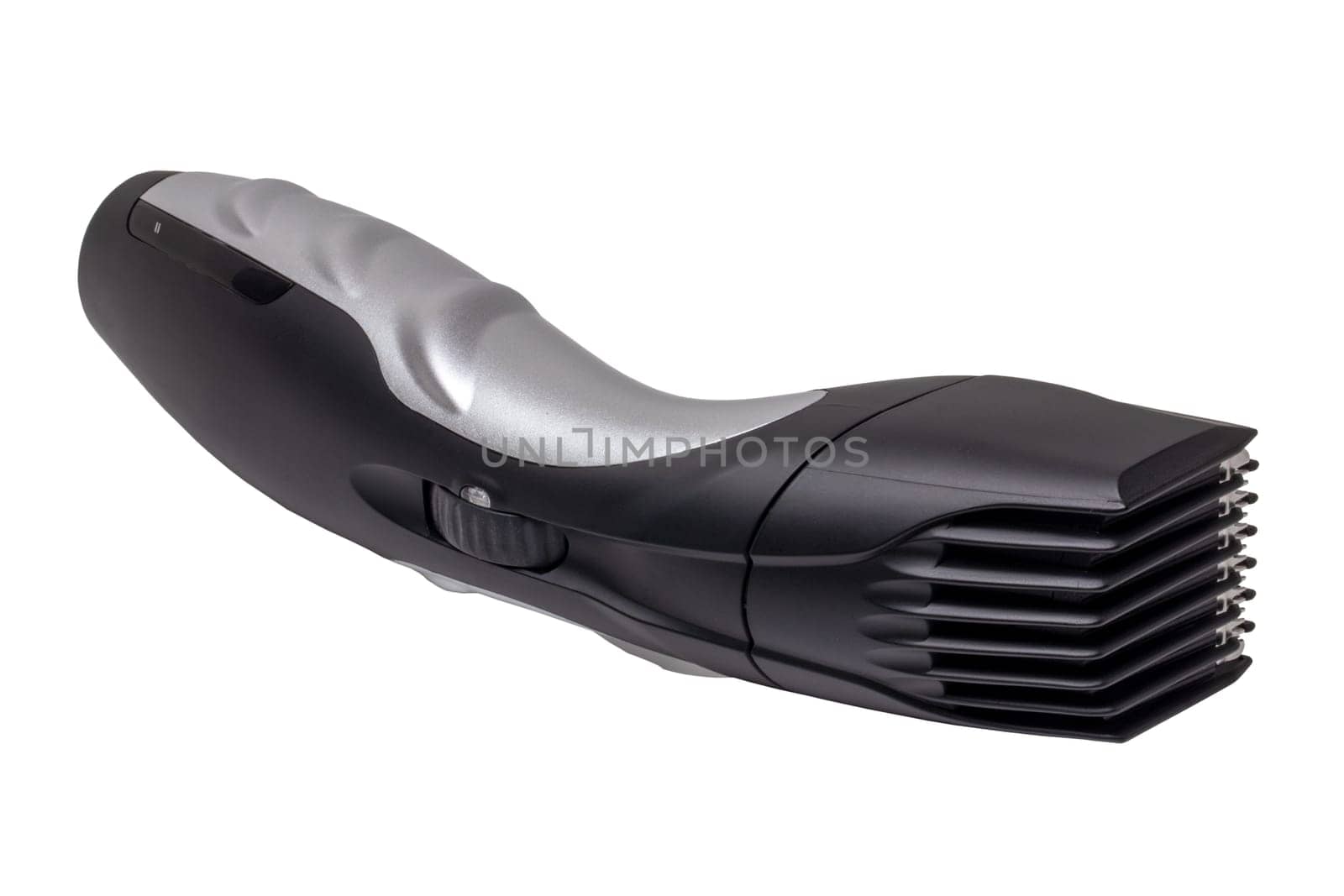 Close-up of a new black silver rechargeable beard and hair clipper isolated on a white background. Clipping path. Cordless hair and beard trimmer. Macro.
