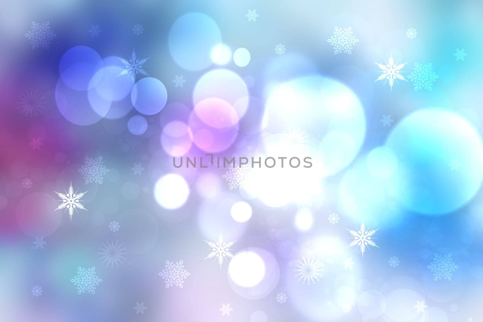 Abstract blurred festive delicate winter christmas or Happy New Year background texture with shiny light turquoise blue and bright bokeh lighted stars and snowflakes. Card concept.
