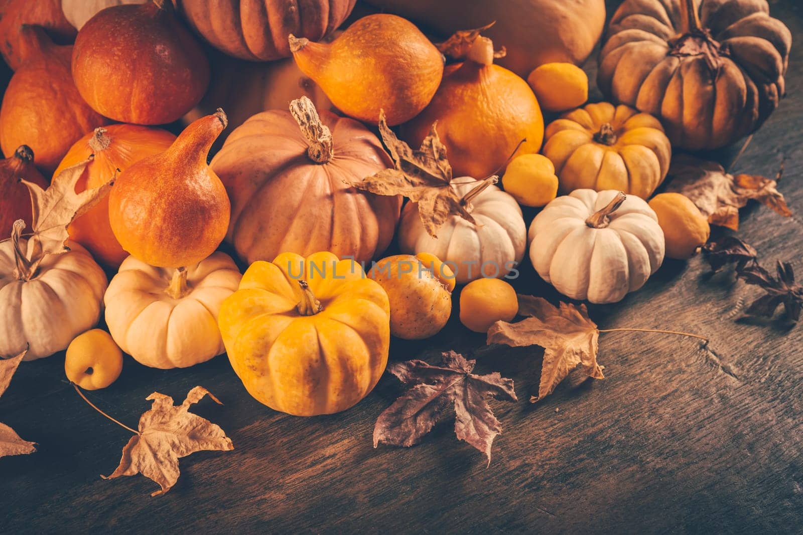 Assortment of pumpkins with autumn leaves on wooden background