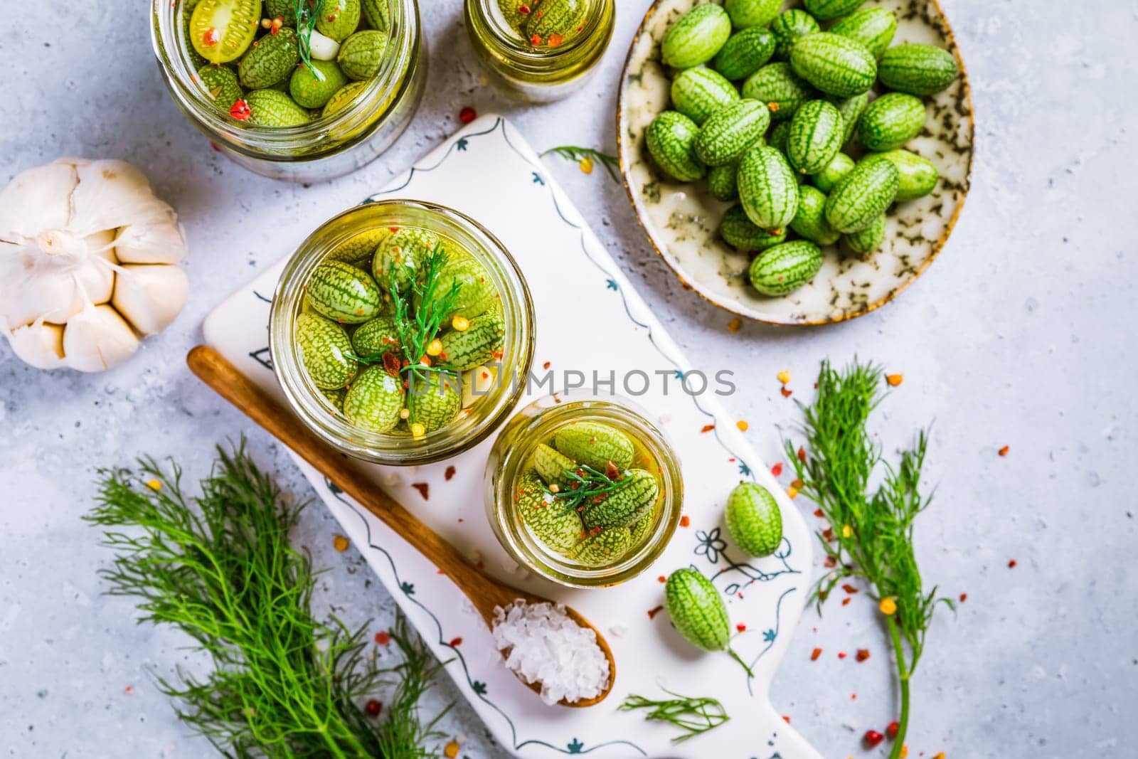 Homemade food: Pickled cucamelons (pickled cucumbers, pickled gherkins), grown in a organic kitchen