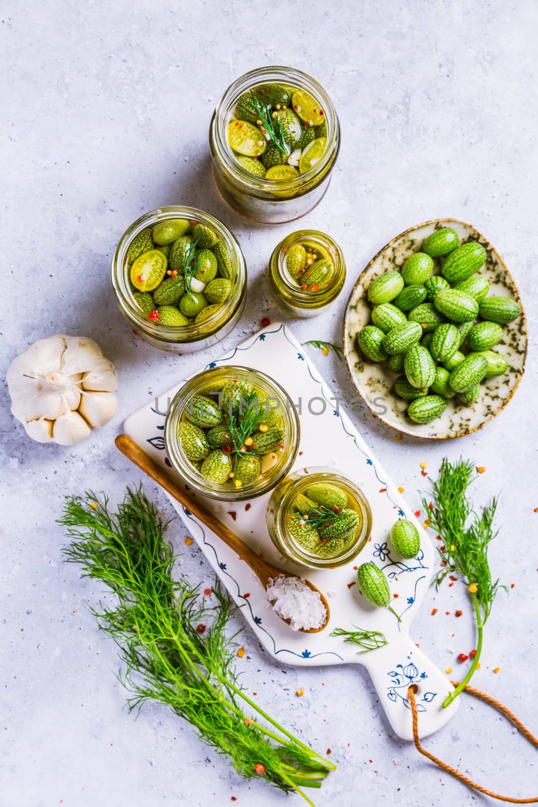 Homemade food: Pickled cucamelons (pickled cucumbers, pickled gherkins), grown in a organic kitchen