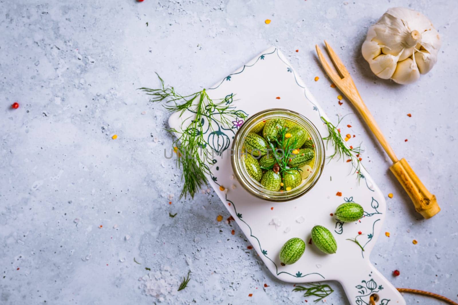 Homemade food: Pickled cucamelons (pickled cucumbers, pickled gherkins), grown in a organic kitchen