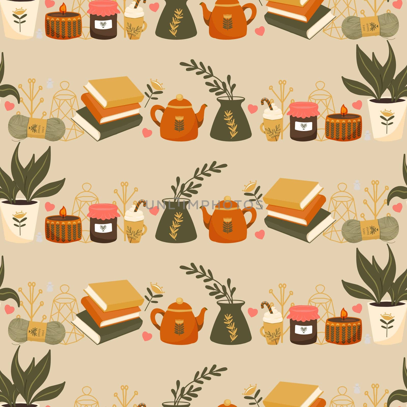 Hygge Autumn and winter pattern border design. Cute and cosy vector seamless repeat banner. Illustration of scarfs, mittens, coffee, winter woodland foliage and stars
