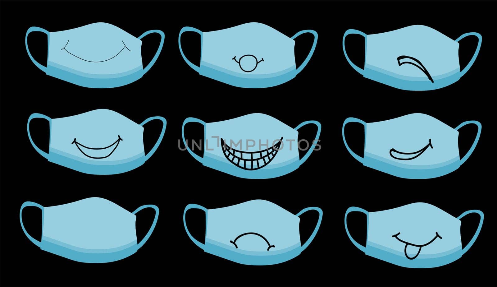 set of medical respiratory masks with drawings. Cute faces on masks. Isolated on a white background. Antiviral agent. Coronavirus protection. Hygiene. Personal protective equipment.