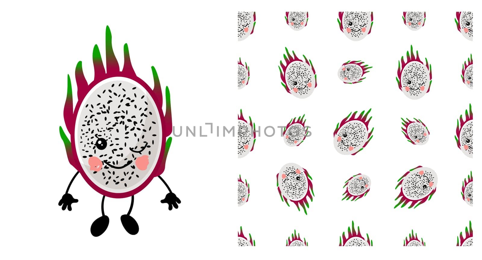 pitaya. Exotic fruit. citrus character and seamless pattern. Vector illustration. dragon fruit