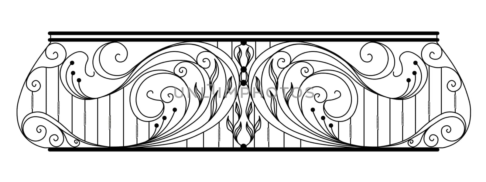 wrought iron balcony. Black metal railing with forged ornaments on a white background. entrance to the terrace decorated with steel vector. Antique vintage object of architecture, facade black victori