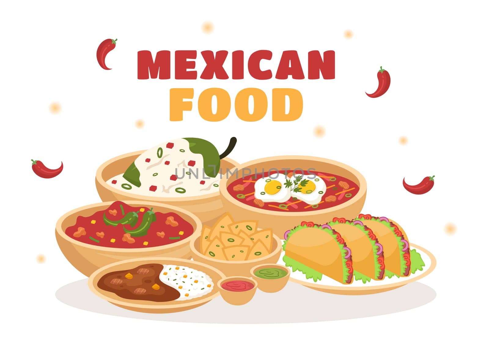 Mexican Food Restaurant with Various of Delicious Traditional Cuisine Tacos, Nachos and Other on Flat Cartoon Hand Drawn Templates Illustration