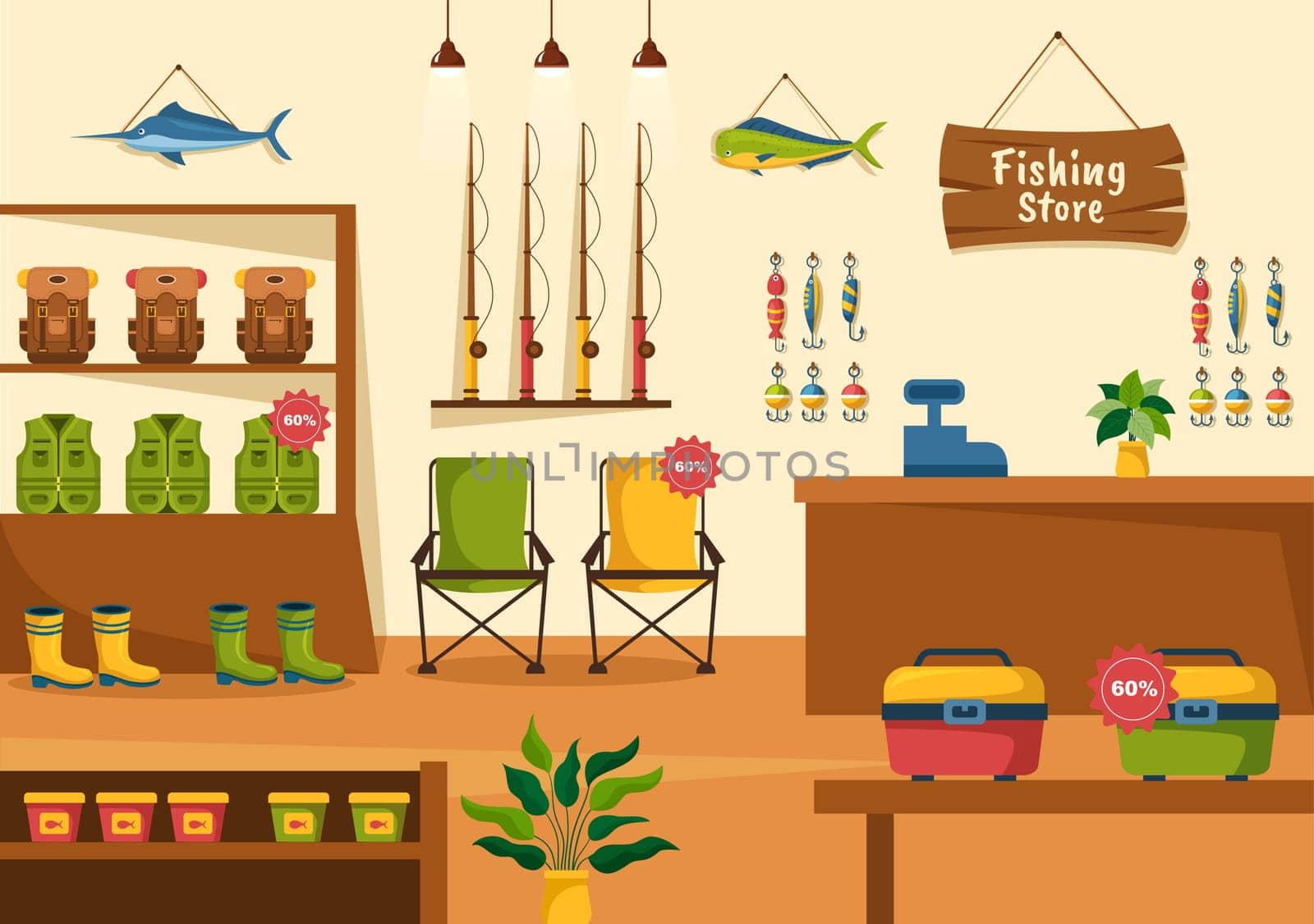 Fishing Shop Selling Various Fishery Equipment, Bait, Fish Catching Accessories or Items on Flat Cartoon Hand Drawn Templates Illustration