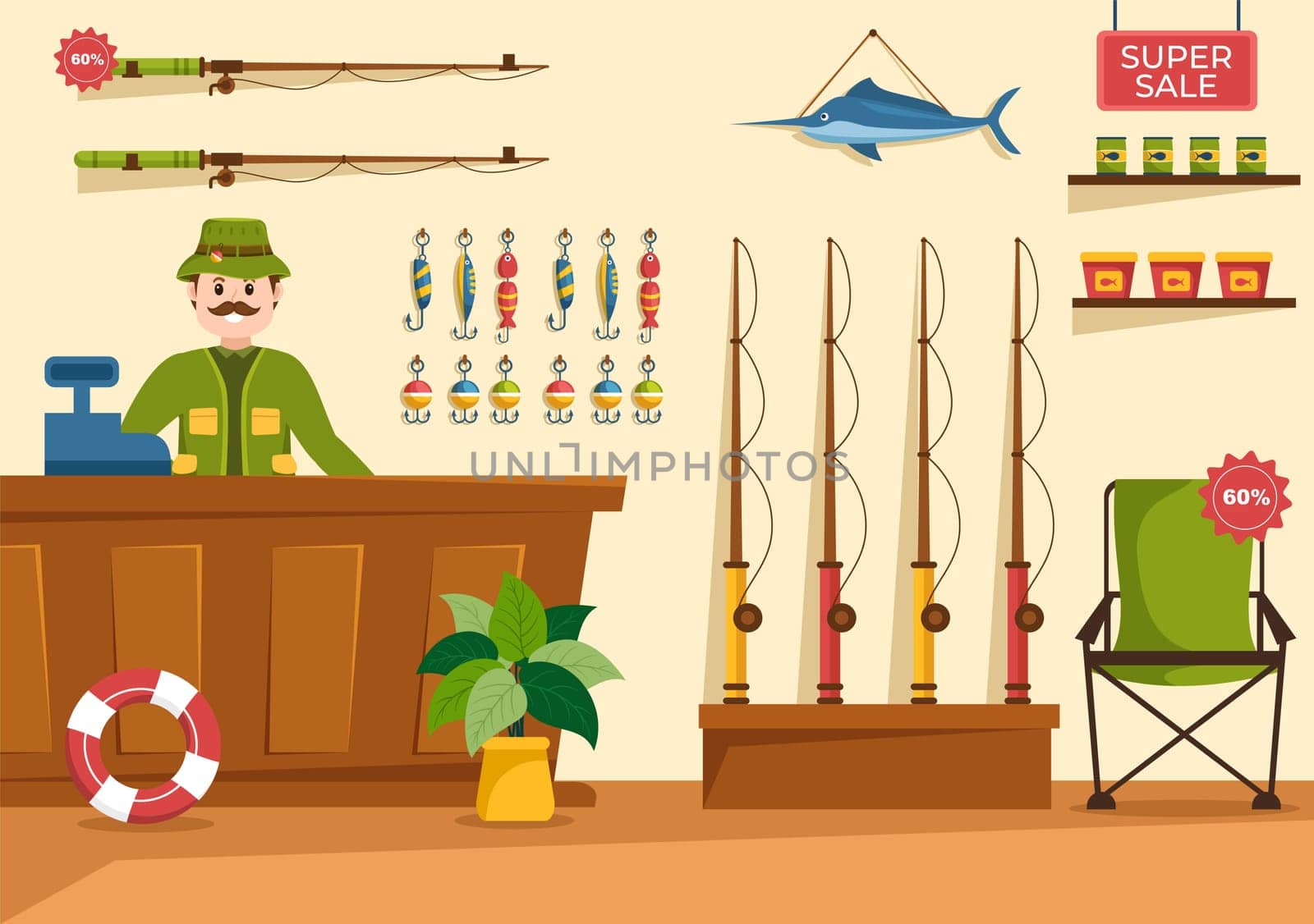Fishing Shop Selling Various Fishery Equipment, Bait, Fish Catching Accessories or Items on Flat Cartoon Hand Drawn Templates Illustration