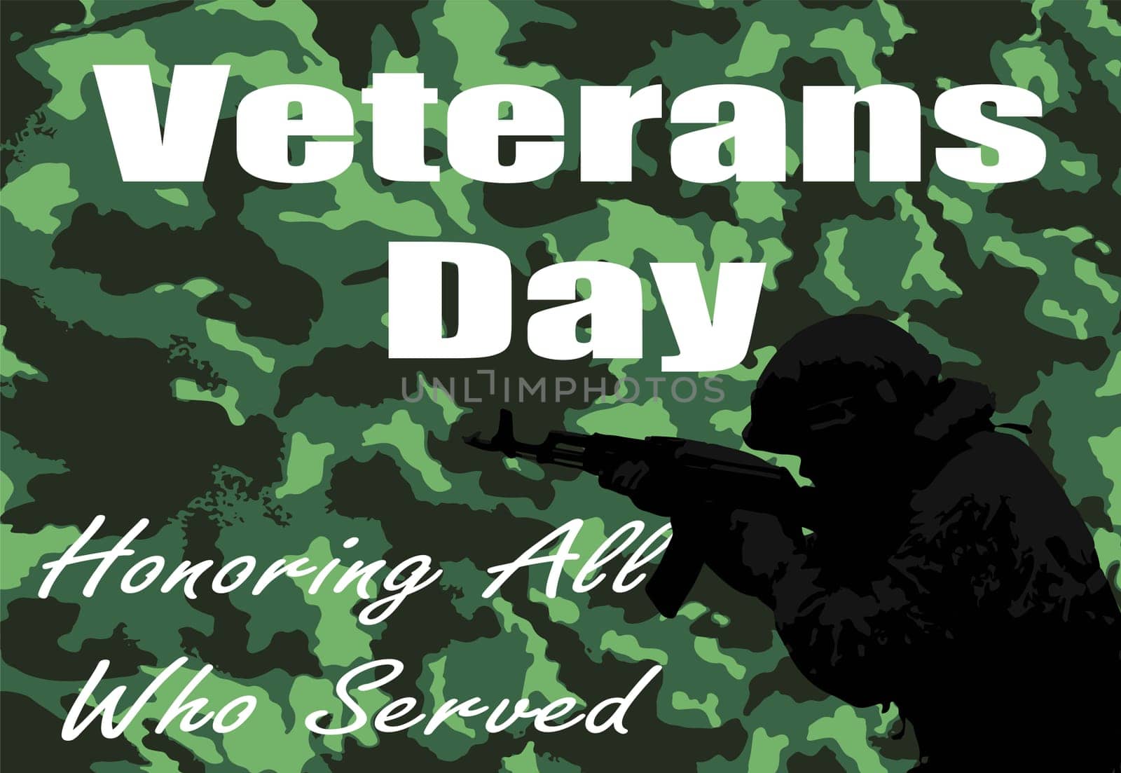 Silhouette of an American soldier on a camouflage background with the inscription Veterans Day. Vector image.