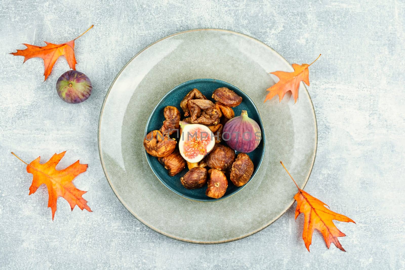 Fig ripe fruits, dried figs. Dried fruit, autumn harvest. Flat lay with copy space