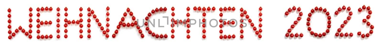 Red Christmas Ball Ornament Building German Word Weihnachten 2023 Means Christmas 2023. Festive Christmas Decoration. White Isolated Background