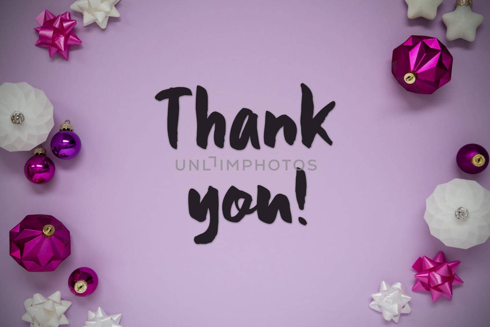 Christmas Card With English Text Thank You. Purple Christmas Background With Romantic And Brilliant Decoration Like Balls.