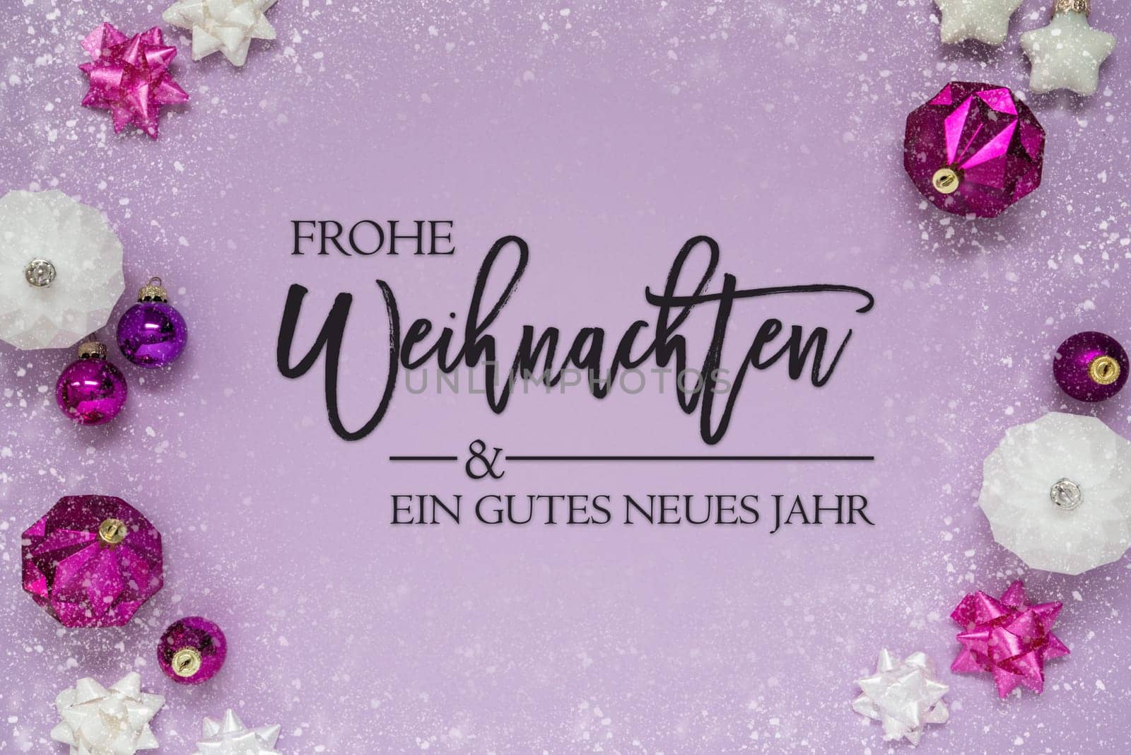 Christmas Card With German Text Frohe Weihnachten Und Ein Gutes Neues Jahr Means Merry Christmas And Happy New Year. Purple Background With Romantic And Brilliant Decoration Like Balls And Snowflakes