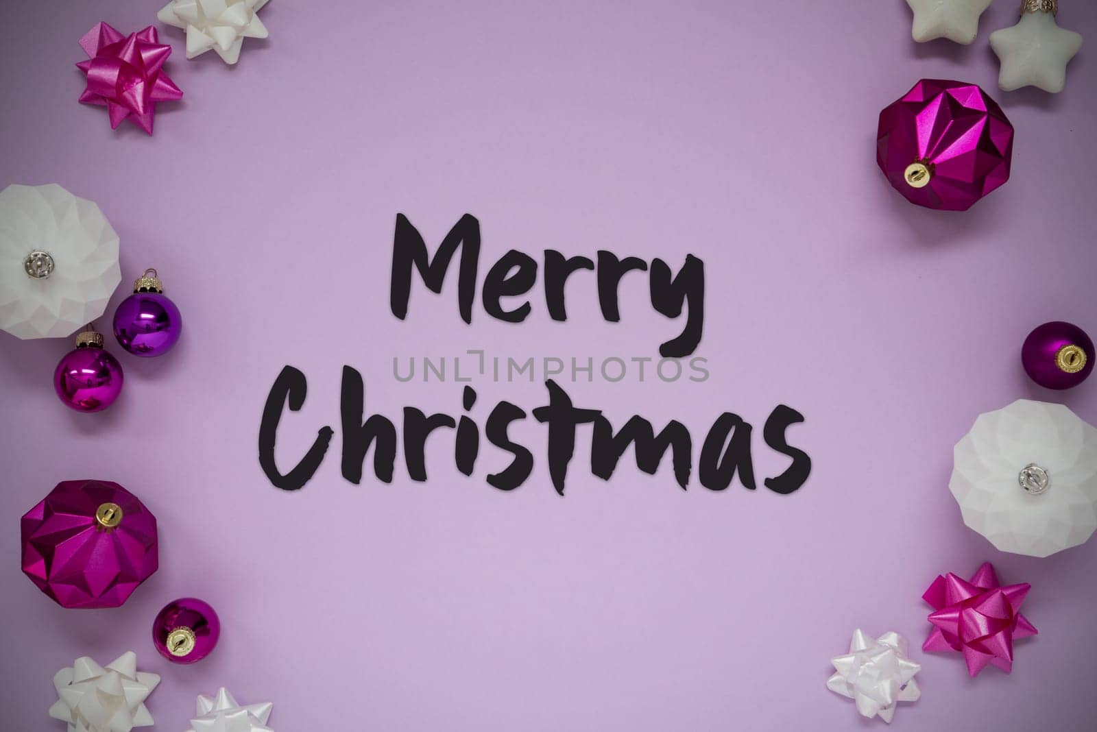 Christmas Card With English Text Merry Christmas. Purple Christmas Background With Romantic And Brilliant Decoration Like Balls.
