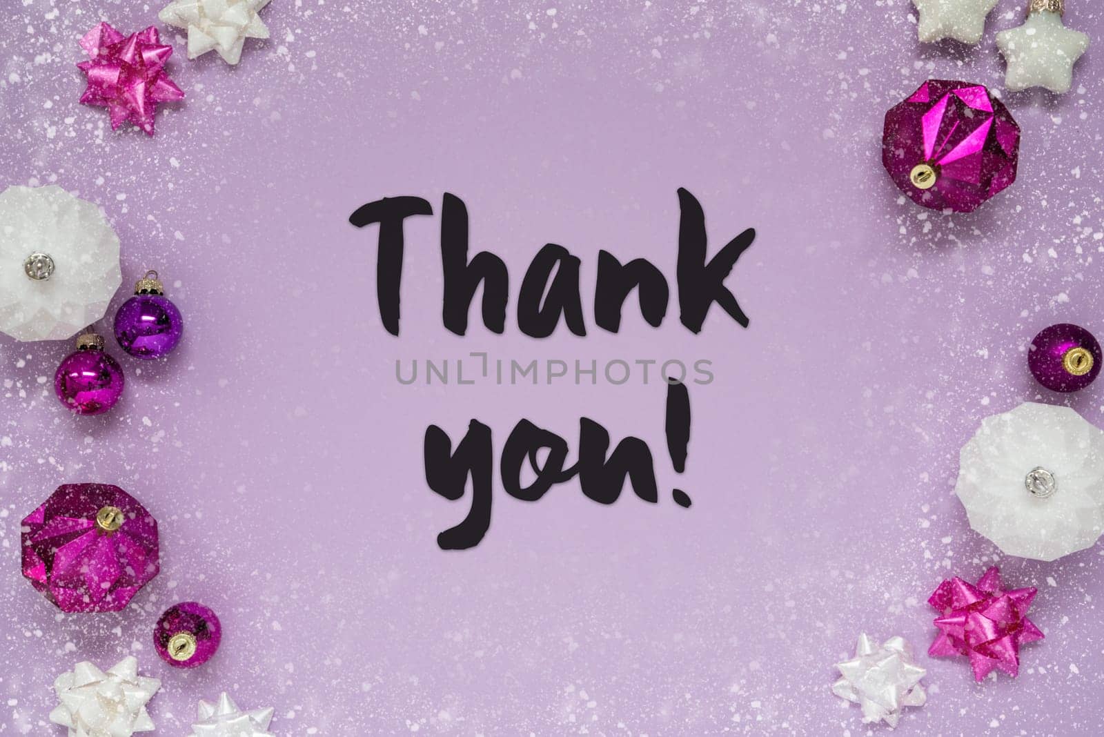 Christmas Card With English Text Thank You. Purple Christmas Background With Romantic And Brilliant Decoration Like Balls And Snowflakes
