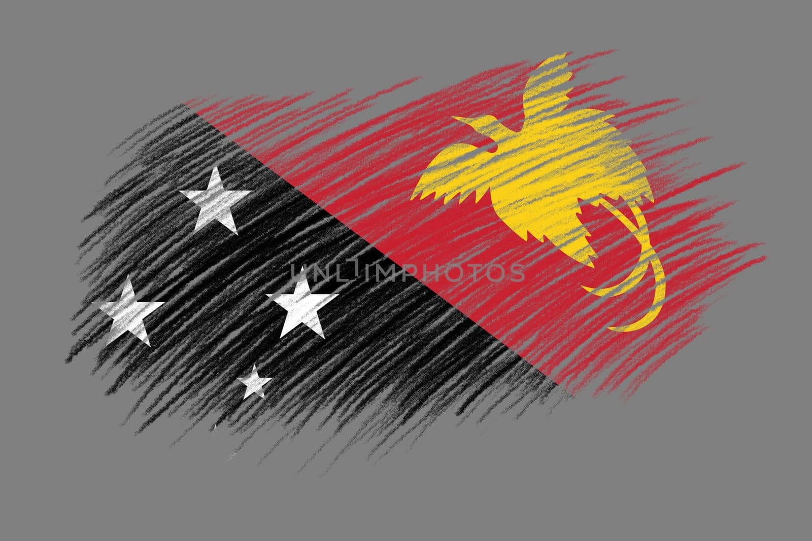 3D Flag of Papua New Guinea on vintage style brush background.