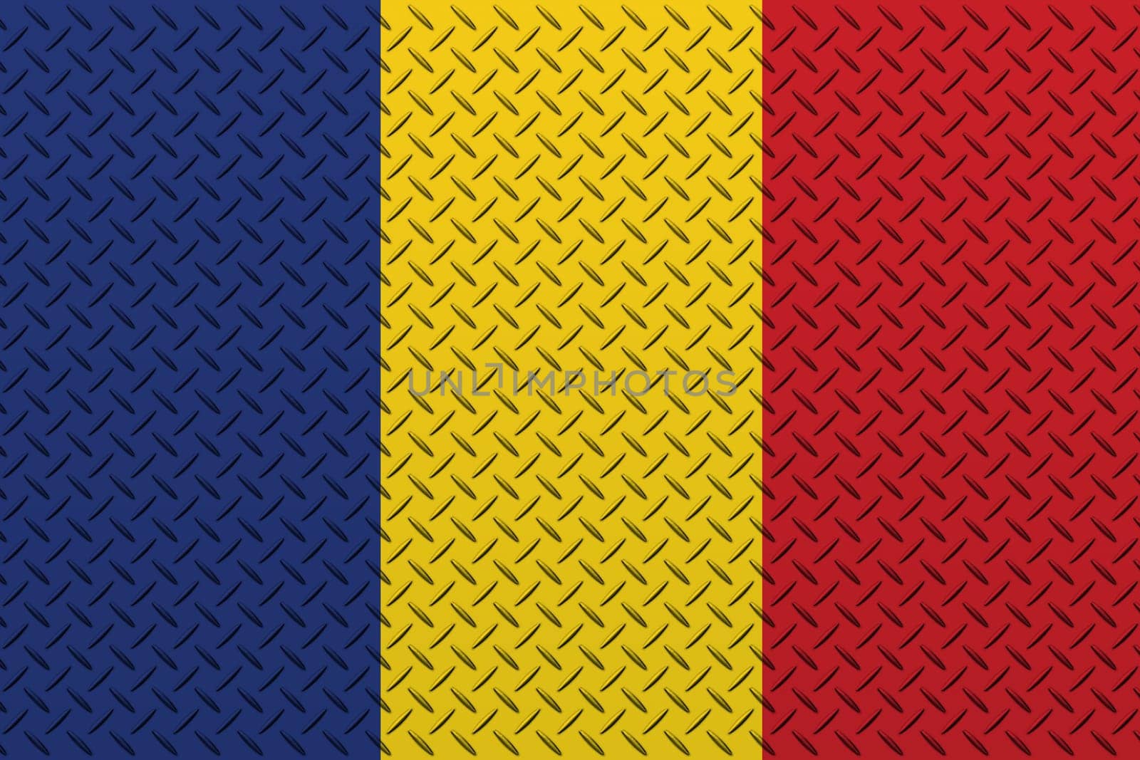 3D Flag of Romania on a metal wall background.