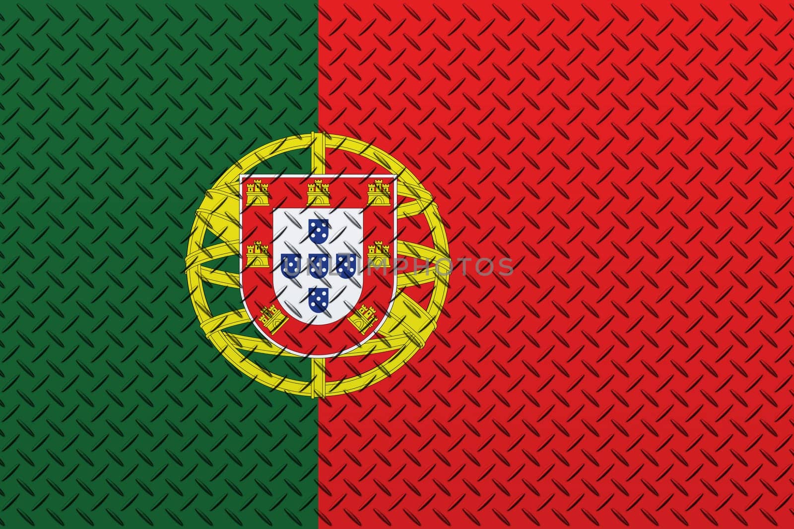 3D Flag of Portugal on a metal wall background.