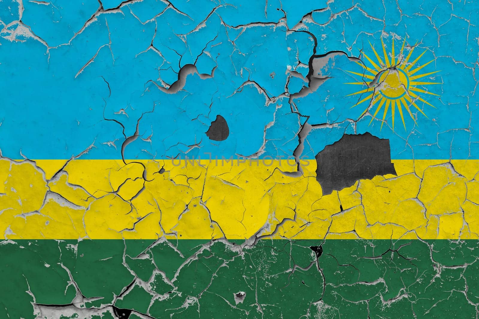 3D Flag of Rwanda on an old stone wall background.