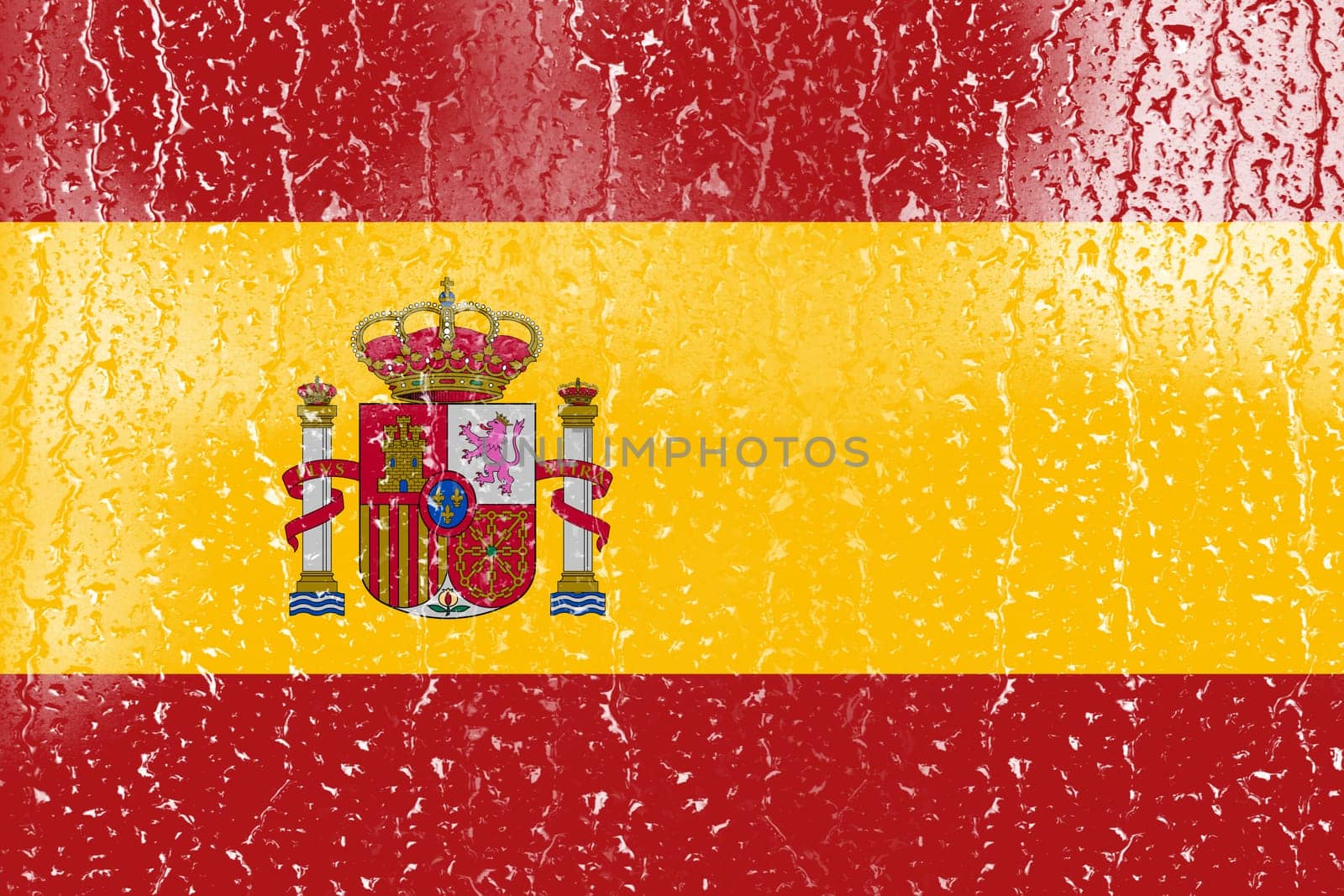 3D Flag of Spain on a glass with water drop background.
