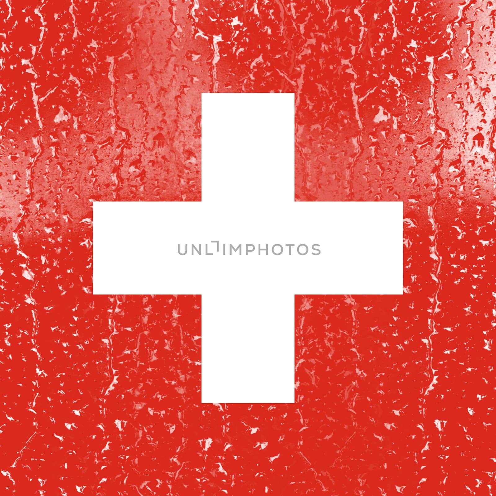 3D Flag of Switzerland on a glass with water drop background.