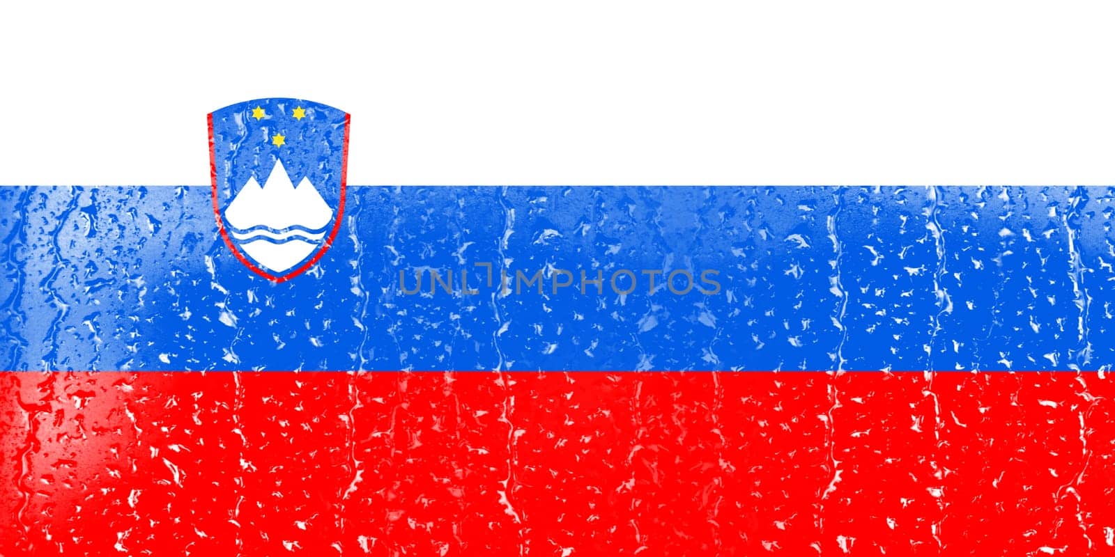 3D Flag of Slovenia on a glass with water drop background.