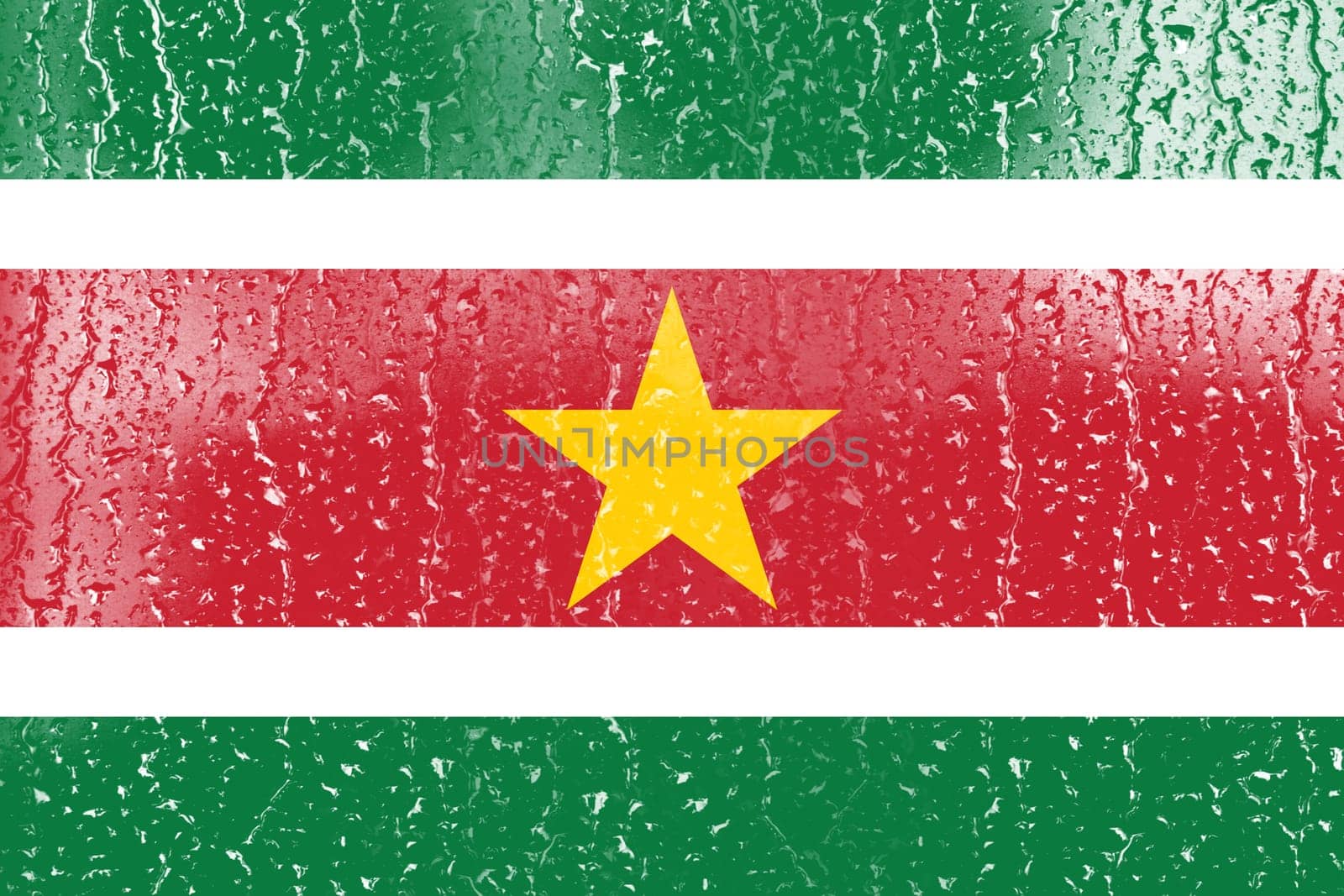 3D Flag of Suriname on a glass with water drop background.