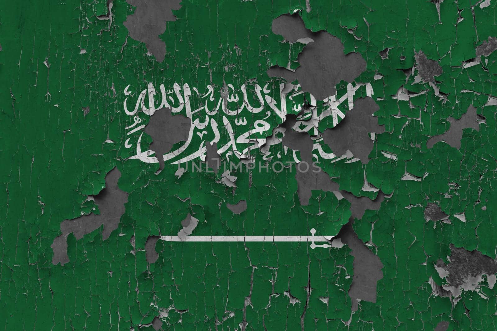 3D Flag of Saudi Arabia on an old stone wall background.