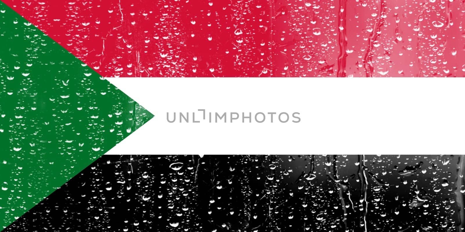 3D Flag of Sudan on a glass with water drop background.