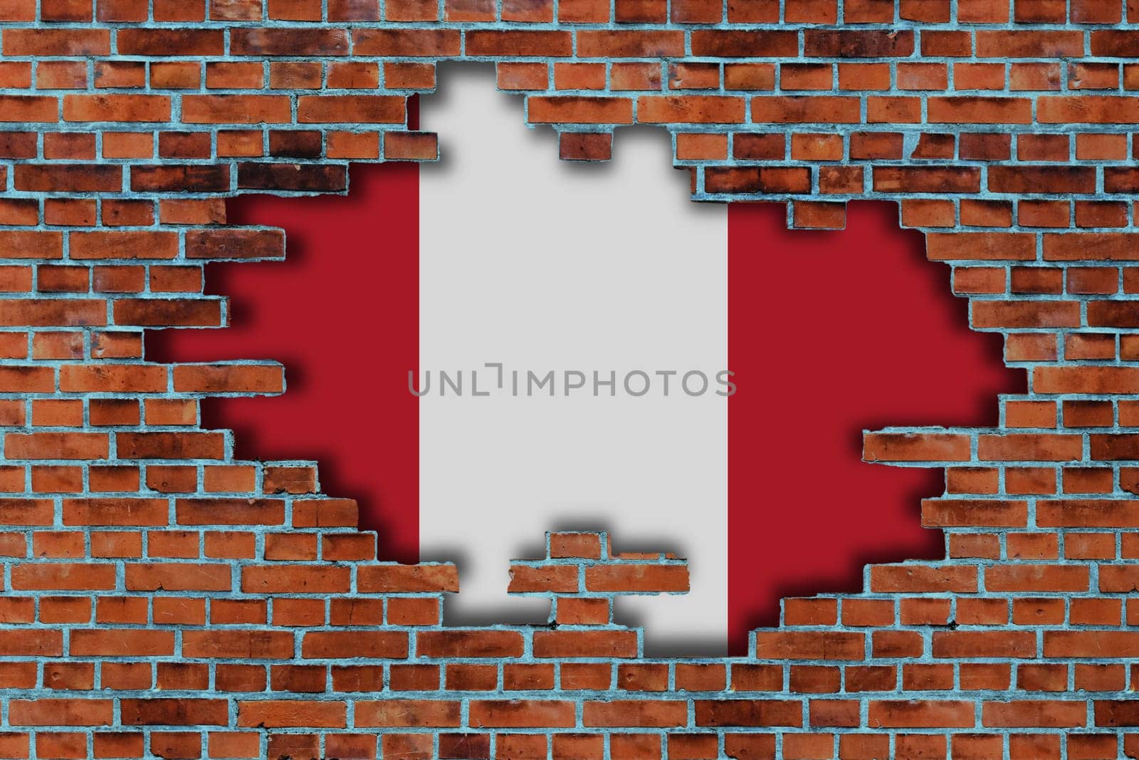 3D Flag of Peru behind the broken old stone wall background.