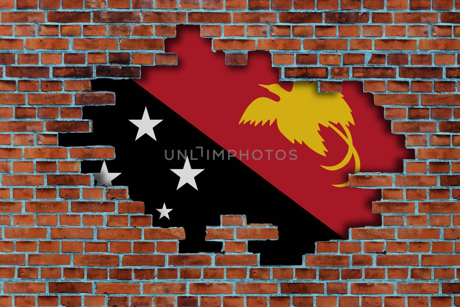 3D Flag of Papua New Guinea behind the broken old stone wall background.
