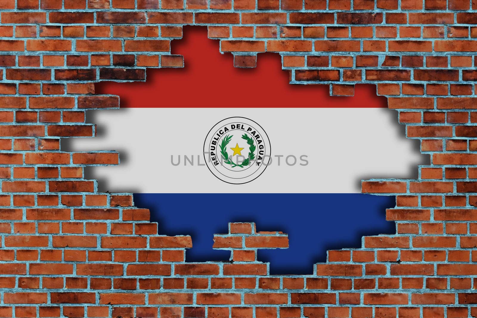 3D Flag of Paraguay behind the broken old stone wall background.