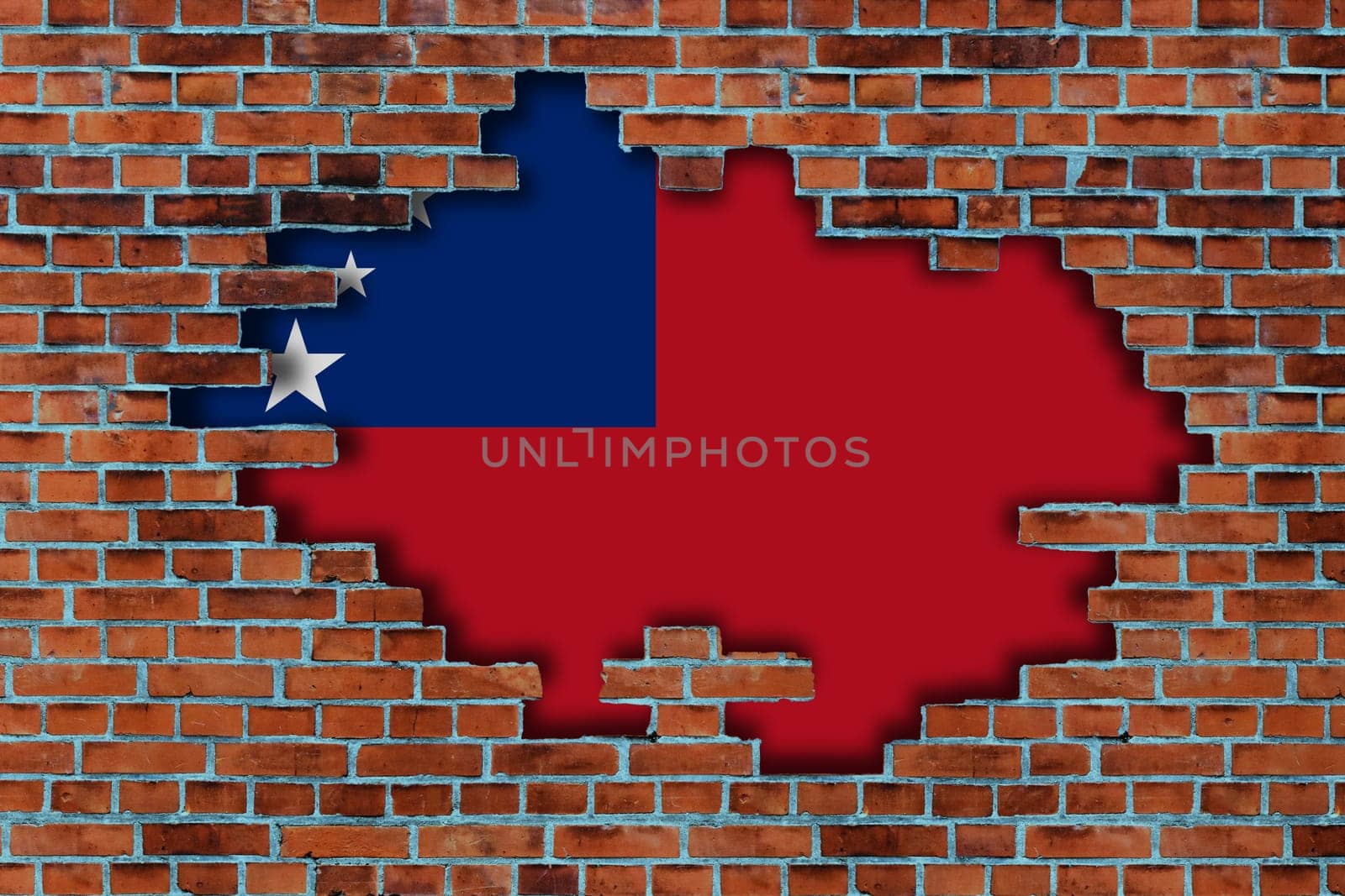 3D Flag of Samoa behind the broken old stone wall background.